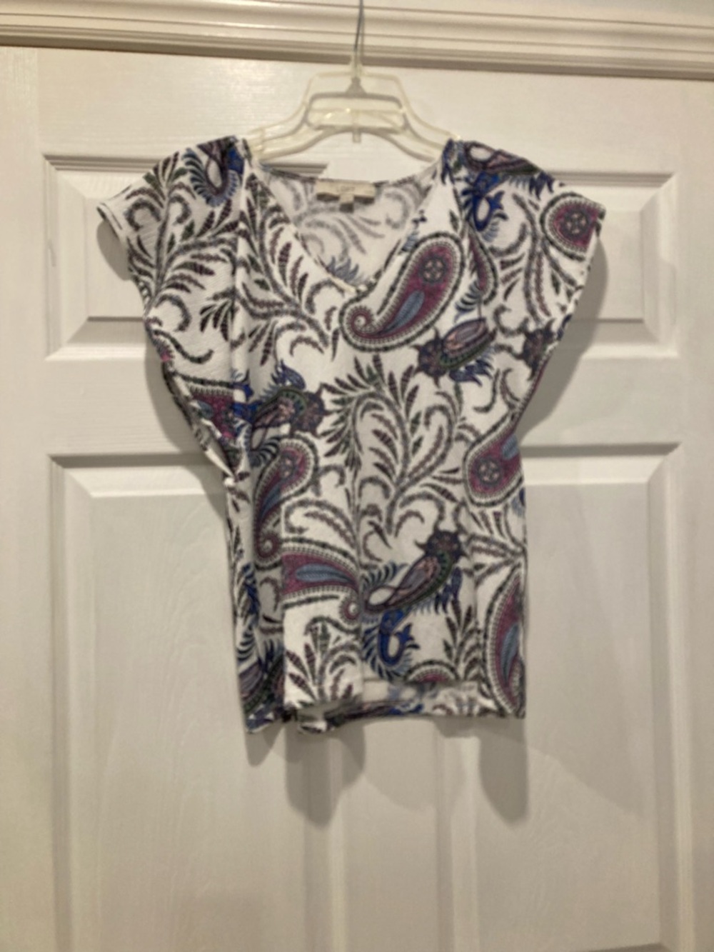 LOFT White Paisley Cap-Sleeve V-Neck Top with Blue and Purple Accents